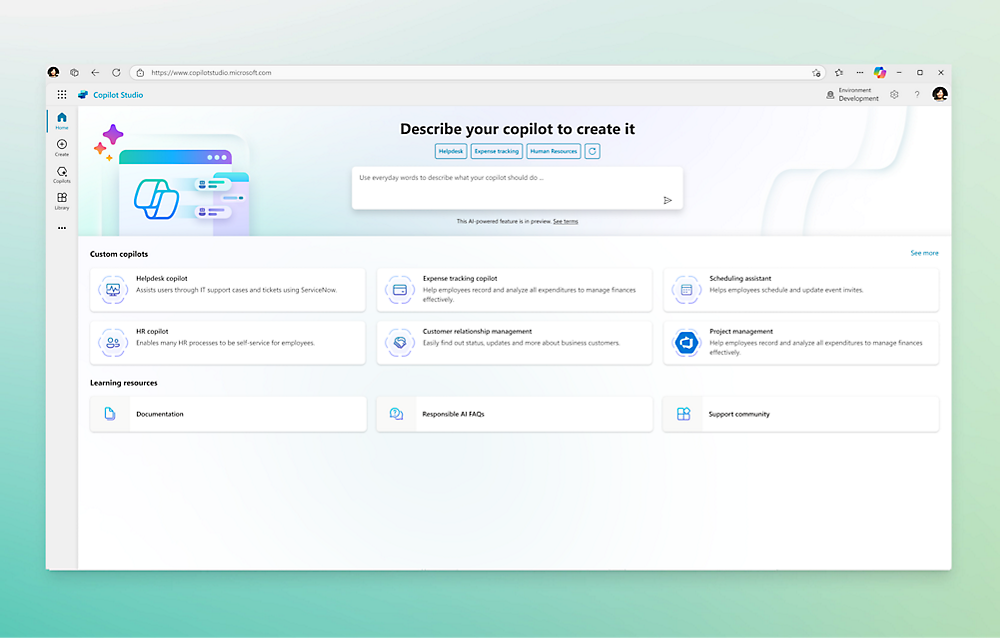 Screenshot di Copilot Studio per Descrivi il tuo copilota per crearlo.