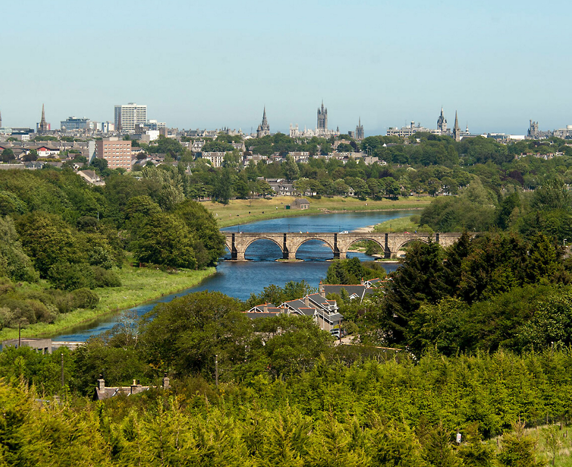 Immagine di una città ripresa da un giardino o da un panorama verde e lussureggiante