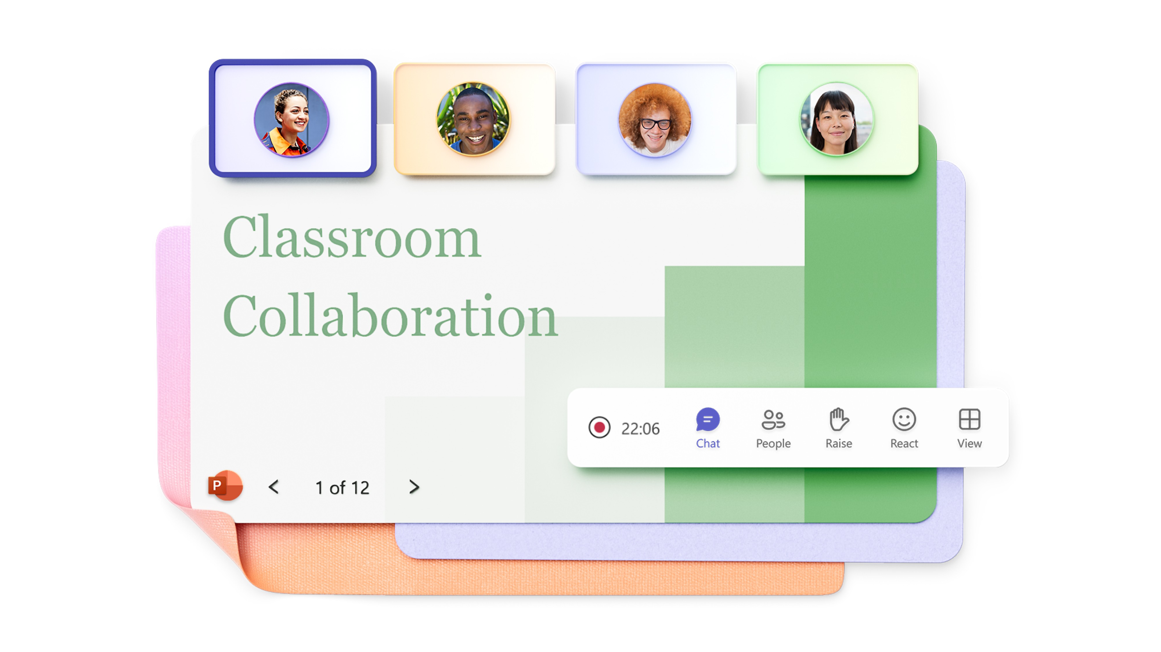 Un display desktop di una videochiamata di Teams in modalità Insieme e un display di un dispositivo mobile con un'altra videochiamata di Teams.