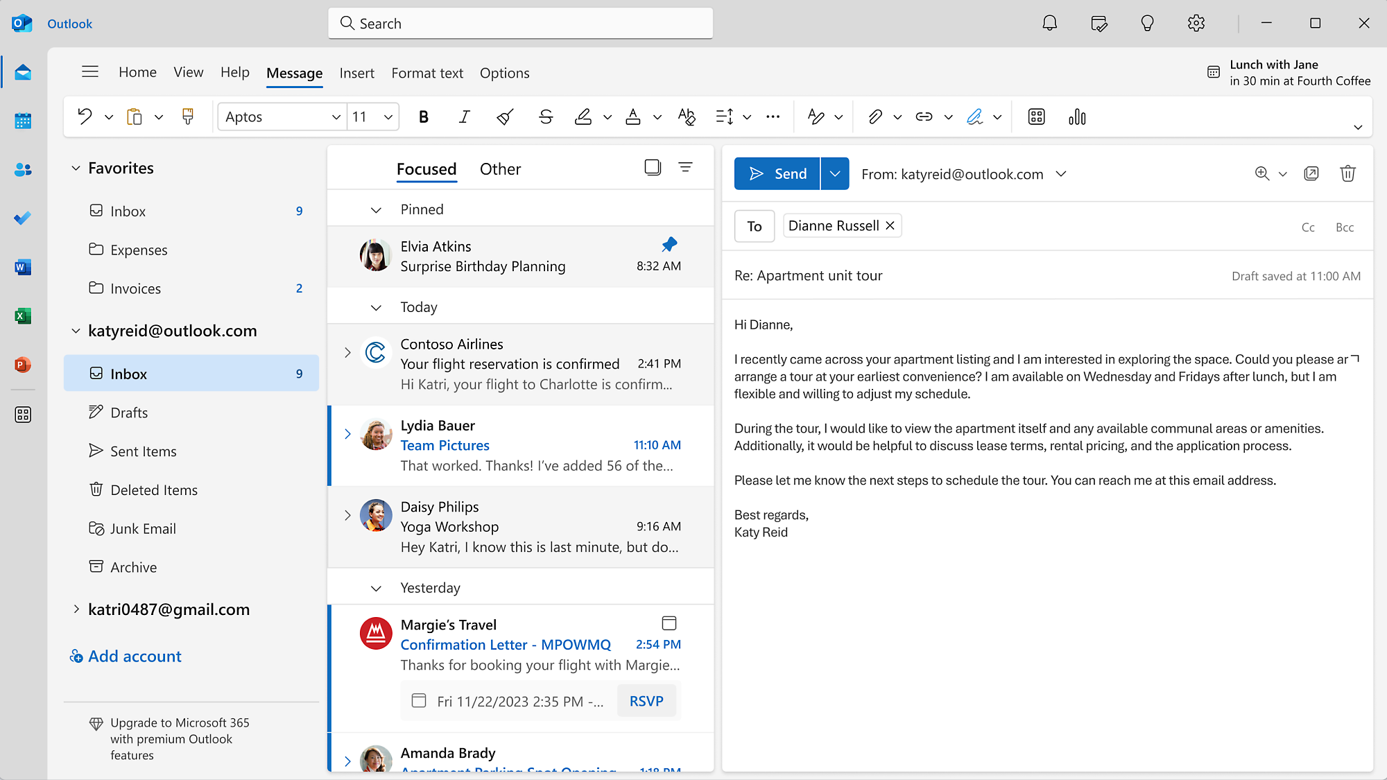 Screenshot di una cartella Posta in arrivo in Outlook