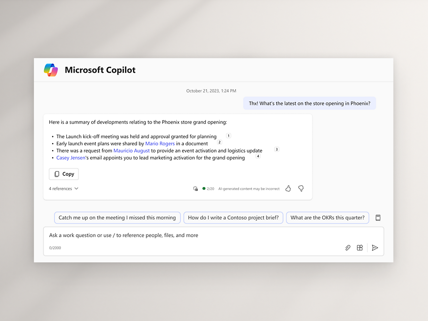 Finestra della chat che mostra le ultime due chat e la risposta del prompt automatizzata per Microsoft Copilot