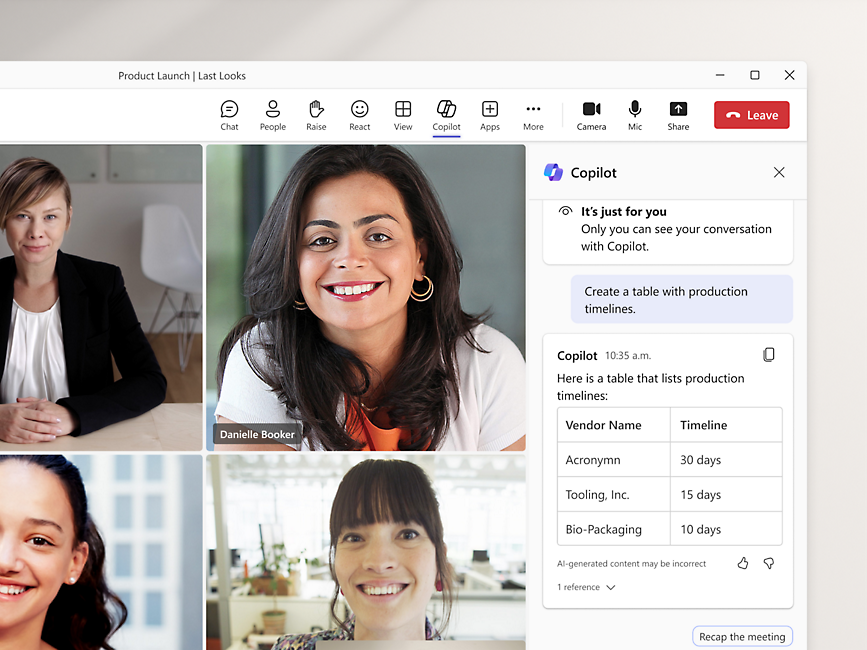 Videochiamata mostrata in una riunione di Microsoft Teams con Microsoft Copilot aperto sulla destra con le informazioni sulla riunione raccolte