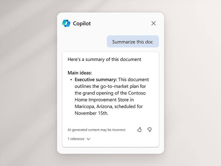 Query a Microsoft Copilot per riepilogare il documento e la risposta automatizzata di Copilot