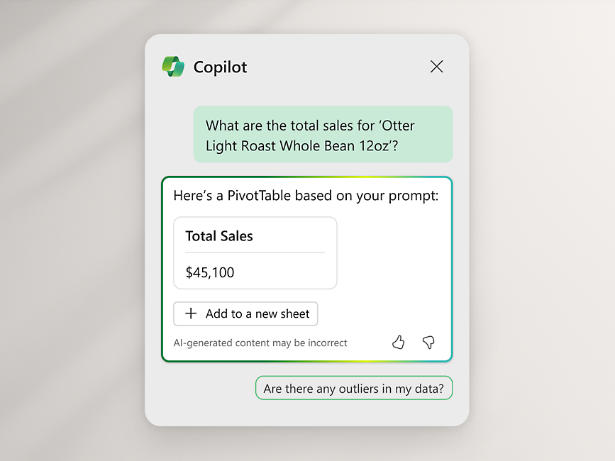 Query a Copilot e la risposta ricevuta come Tabella pivot