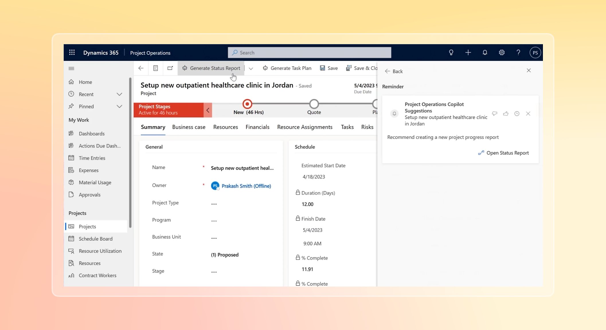 finestre che mostrano l'impostazione di un nuovo progetto in Dynamics 365