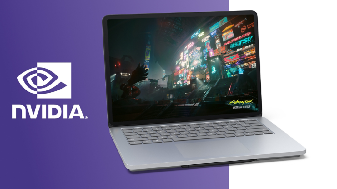 Un dispositivo Surface Laptop Studio 2 sul quale è visualizzato Cyberpunk 2077: Phantom Liberty e un logo di NVIDIA Studio vicino al dispositivo.