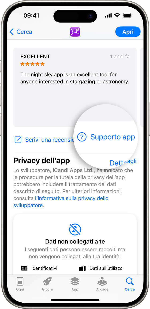 Nell'App Store su iPhone, puoi trovare il pulsante Supporto app sotto le recensioni.