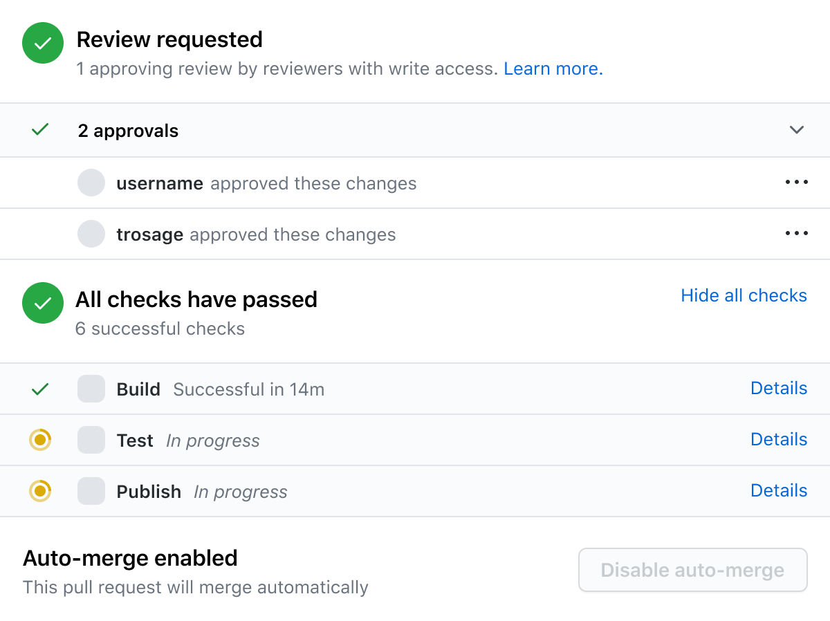 Illustrating the merge Pull Request interface with successful CI/CD checks