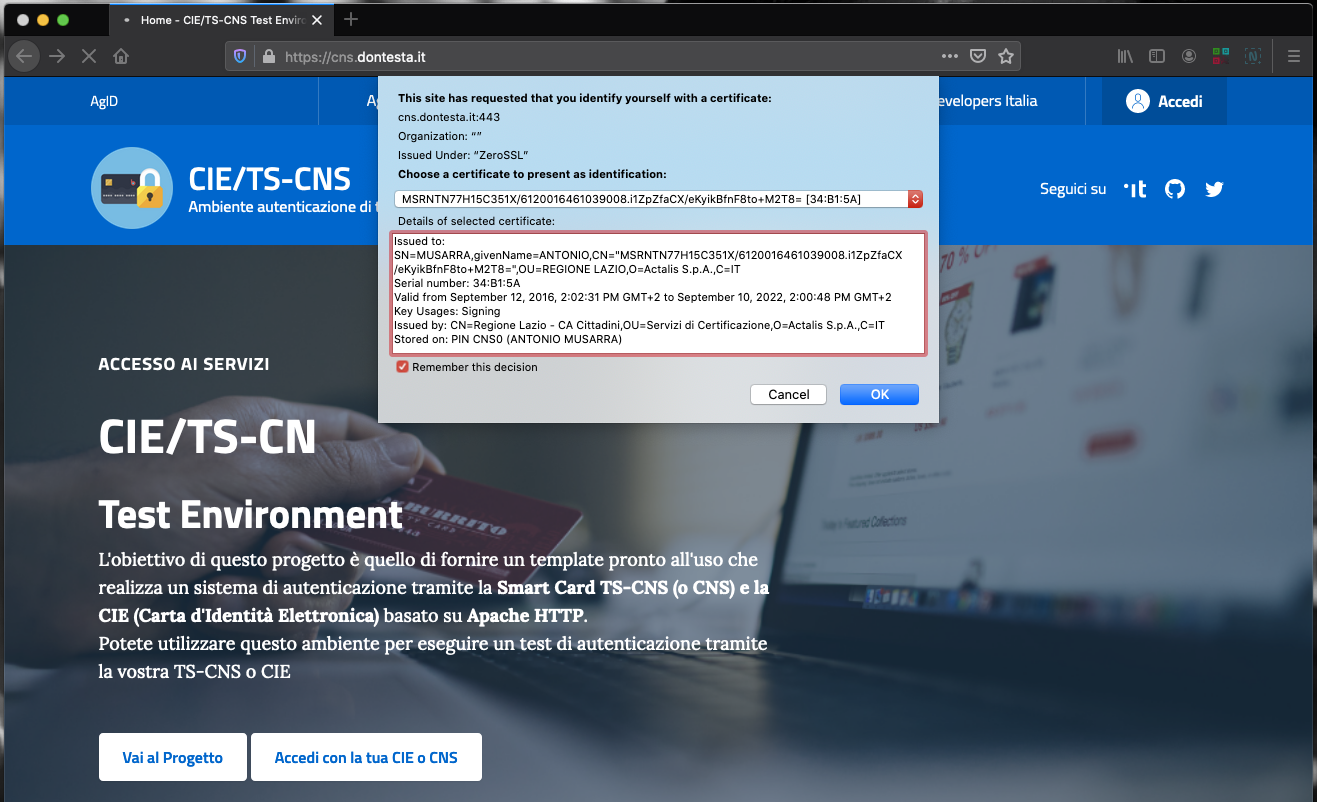 Selezione del certificato digitale