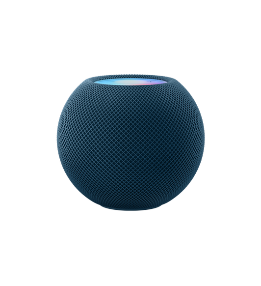 Vista anteriore di un HomePod mini blu.