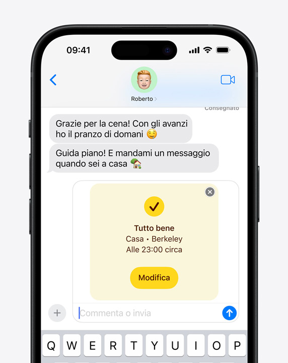 A close-up shot of an iMessage thread with a Check In notifcation.