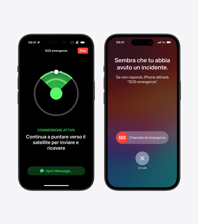 Three iPhone models displaying three different  interactions for Emergency SOS via satellite, Crash Detection, and Roadside Assistance via satellite.