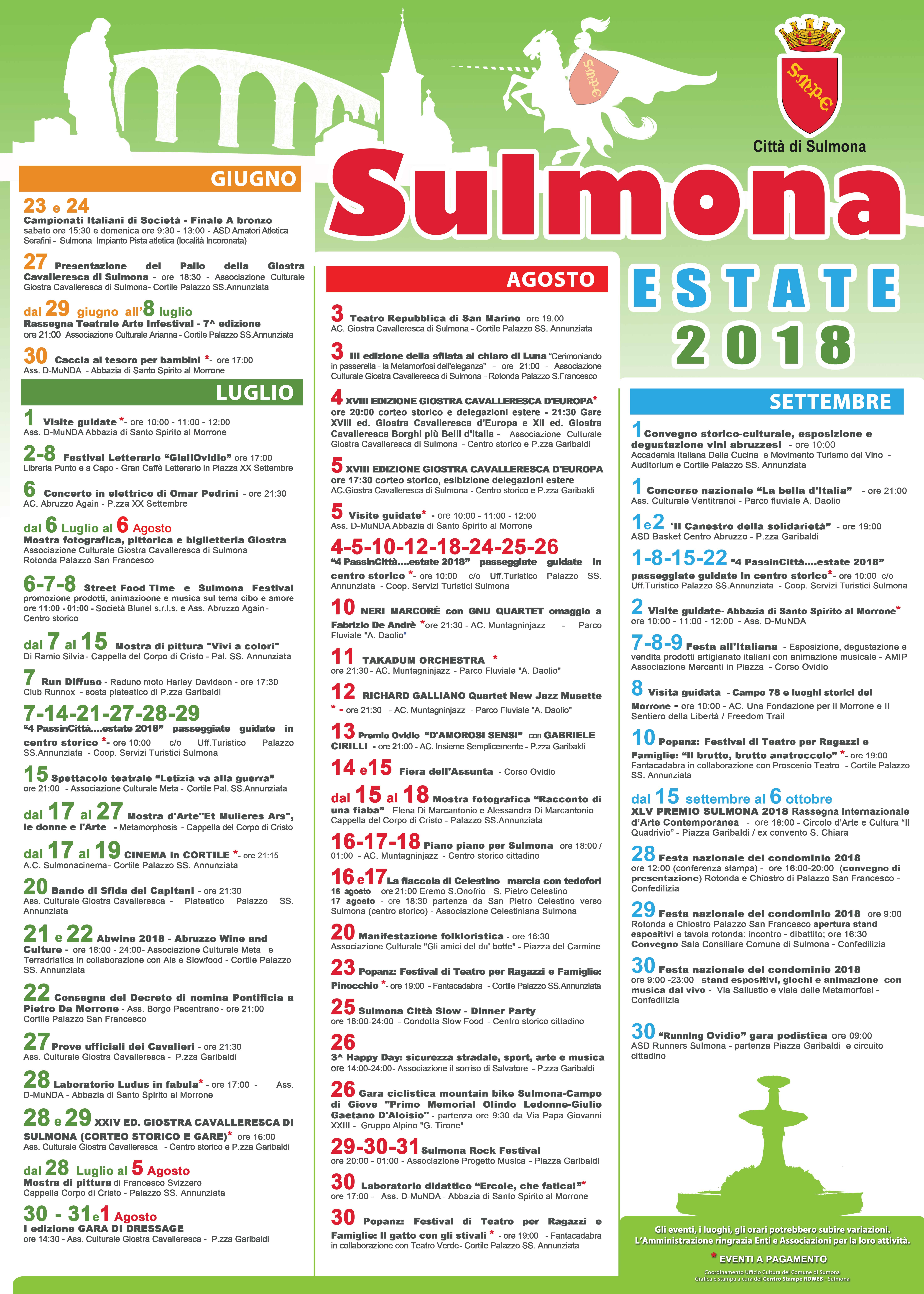 CALENDARIO EVENTI ESTATE 2018 SULMONA
