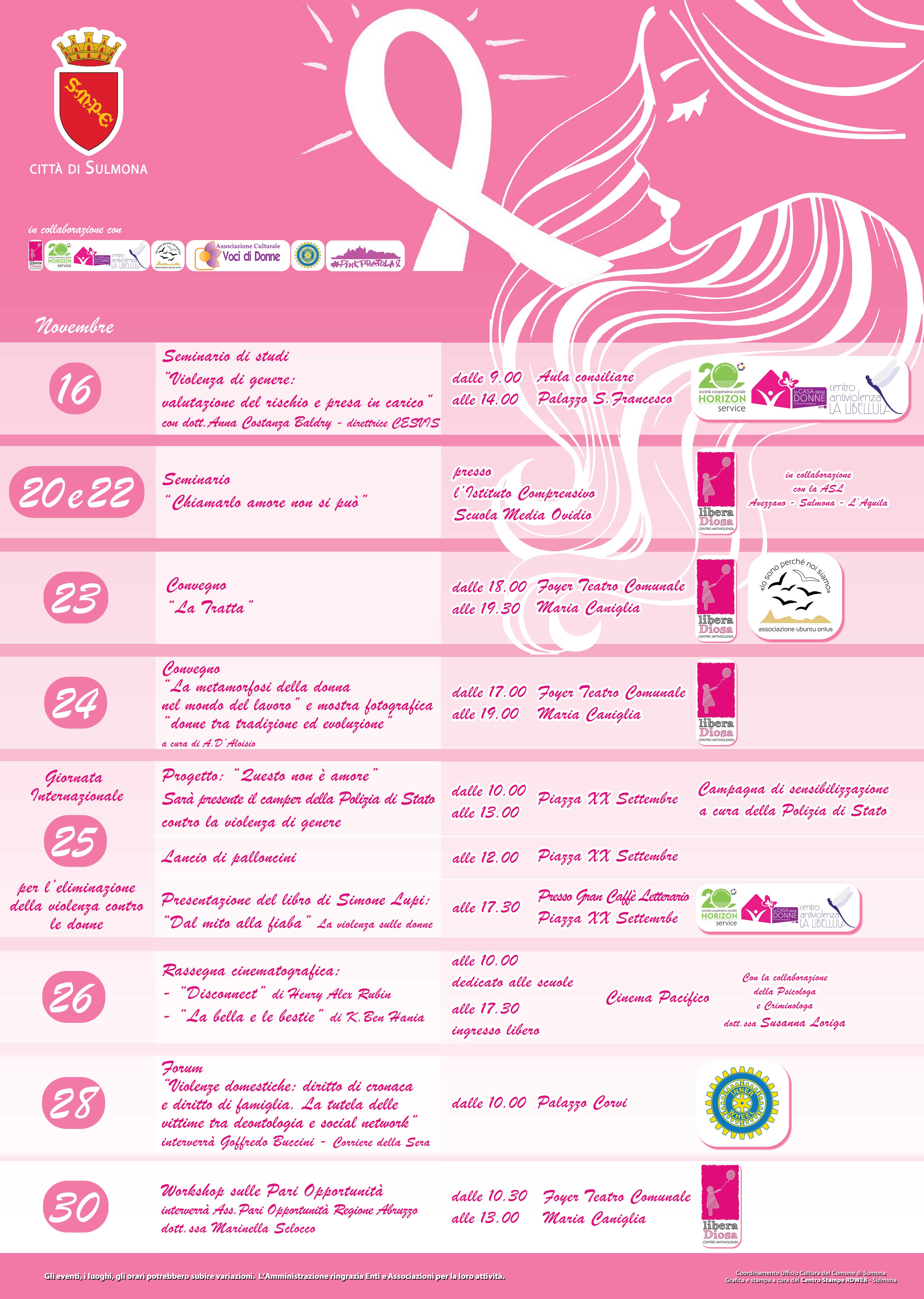 CARTELLONE EVENTI GIORNATA INTERNAZIONALE PER ELIMINAZIONE DELLA VIOLENZA SULLE DONNE